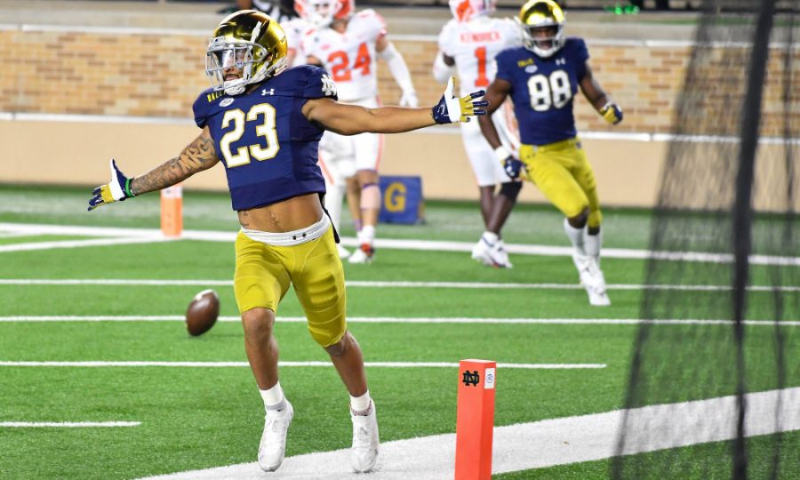 SOUTH BEND, INDIANA - NOVEMBER 07: Running back Kyren Williams #23 of the Notre Dame Fighting Irish celebrates after his first quarter touchdown against the Clemson Tigers at Notre Dame Stadium on November 7, 2020 in South Bend, Indiana. (Photo by Matt Cashore-Pool/Getty Images)